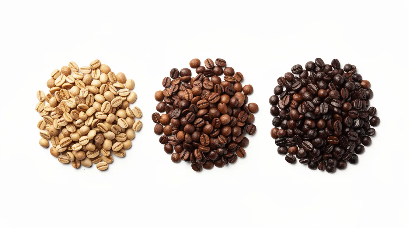 The image showcases coffee beans displayed in three distinct roast levels, ranging from light golden to dark brown, set against a clean white surface. This visual highlights the variety of roast profiles, emphasizing the best coffee beans for espresso and the unique flavors each roast can bring to your coffee experience.