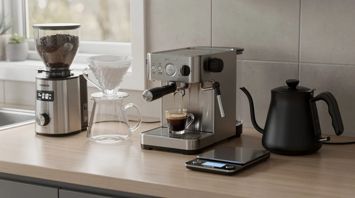 A kitchen counter is adorned with various coffee brewing equipment, including a grinder, pour-over dripper, espresso machine, scale, and gooseneck kettle, showcasing essential tools for home baristas and coffee lovers alike. This collection of coffee gear highlights the precision and quality needed for crafting the perfect brew.