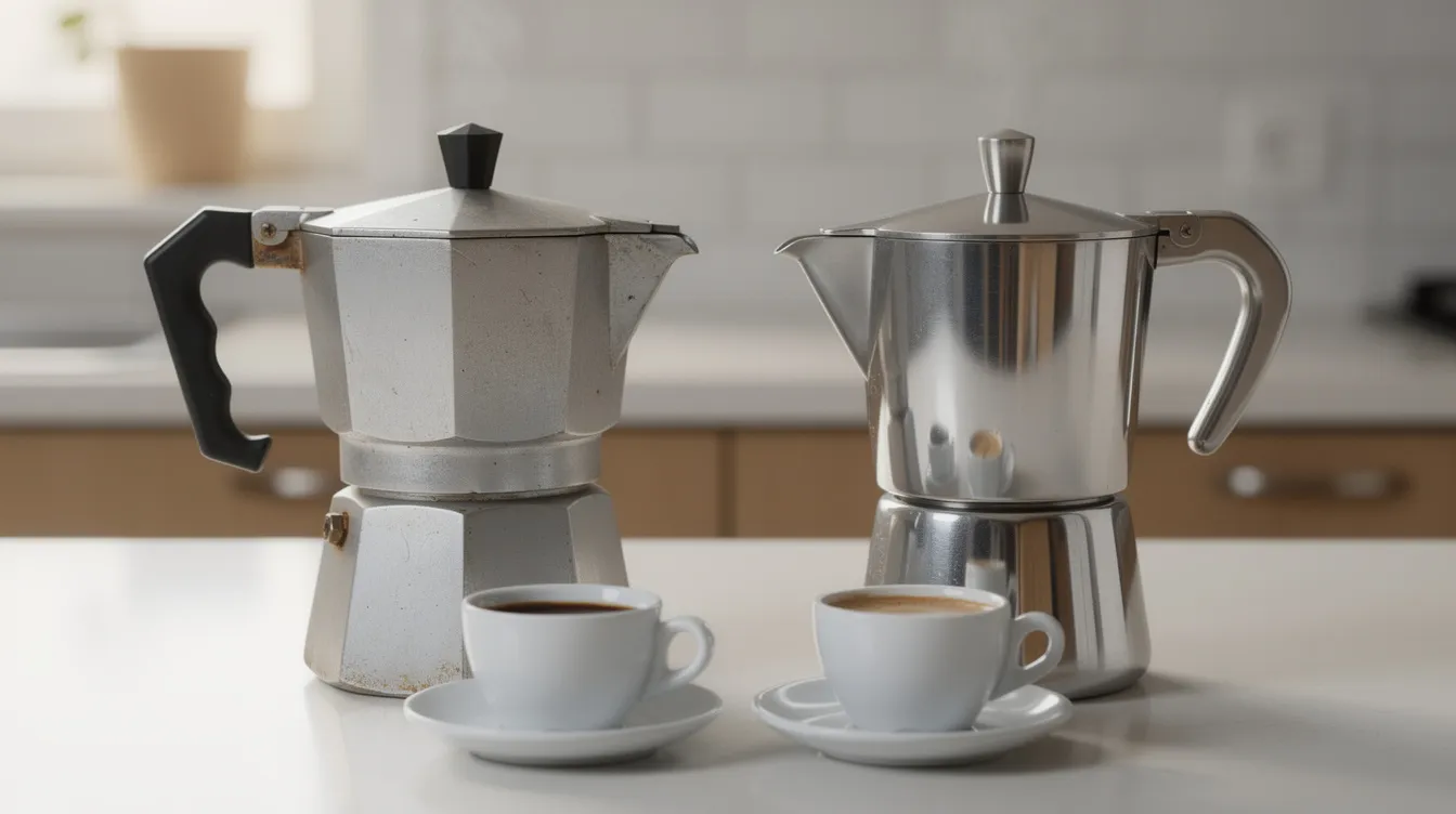 The image features two moka pots side by side on a kitchen counter: a classic aluminum moka pot and a sleek stainless steel moka pot, with coffee cups placed nearby, ready for enjoying the rich moka pot coffee brews. The scene captures the essence of stovetop espresso makers, highlighting the contrasting materials and inviting aroma of freshly brewed coffee.