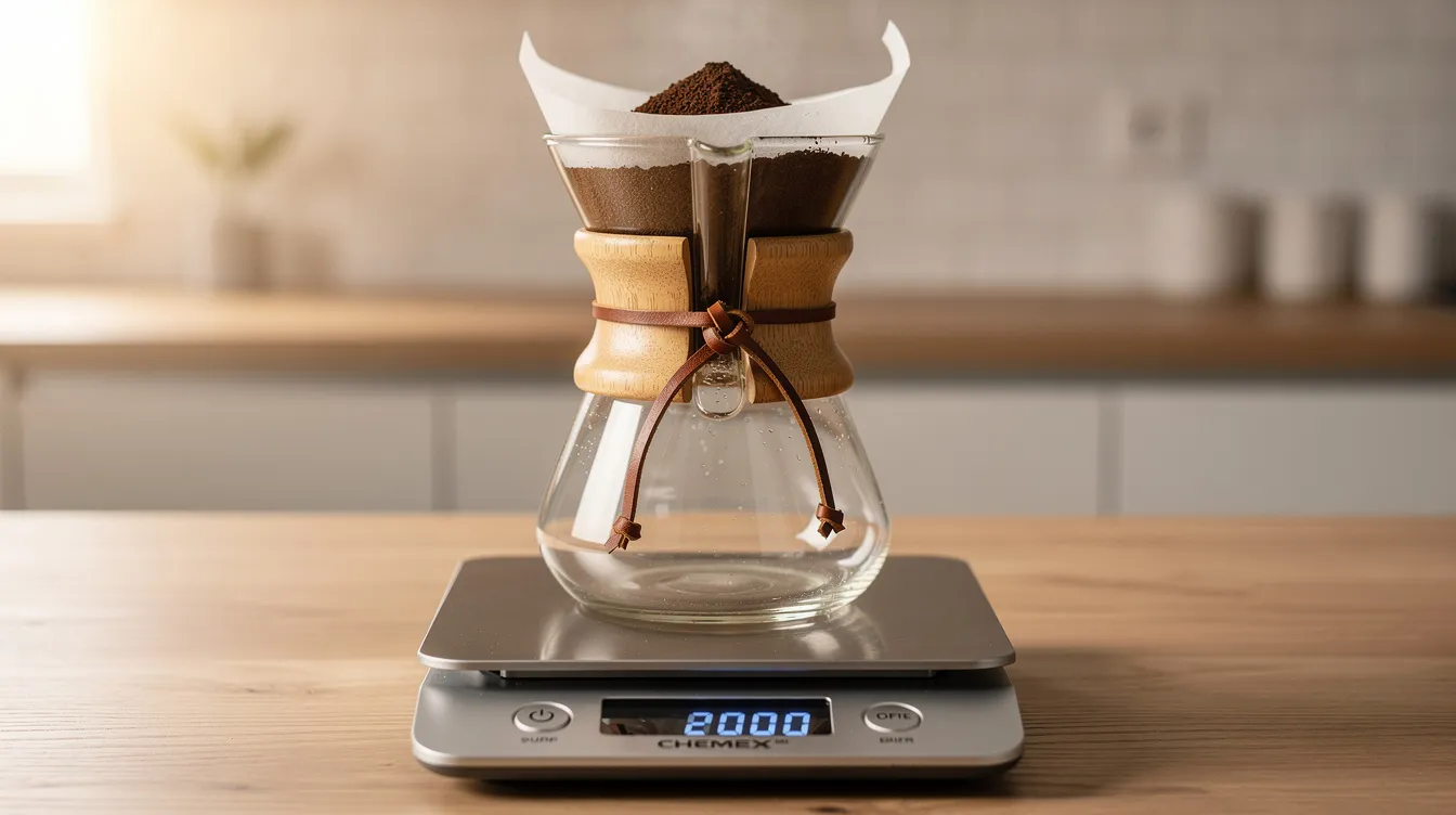 A glass Chemex coffee maker is positioned on a large digital coffee scale, with coffee grounds visible in the filter, showcasing the coffee making process. The scale features a digital display, emphasizing its role in accurately measuring coffee for brewing.