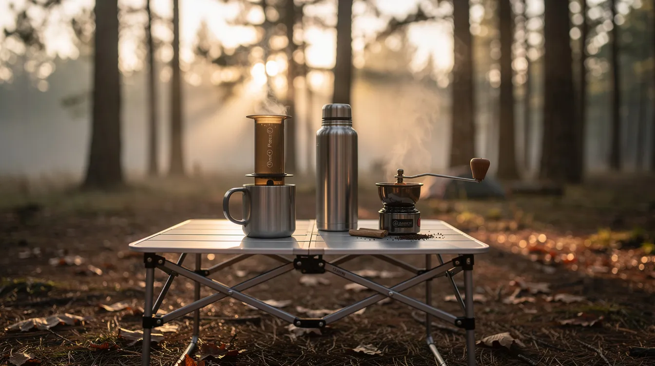 An AeroPress coffee maker is placed on a camping table alongside a thermos and a small hand grinder, set against a natural outdoor backdrop. This scene captures essential coffee gear for outdoor enthusiasts, highlighting the brewing process for freshly brewed coffee.