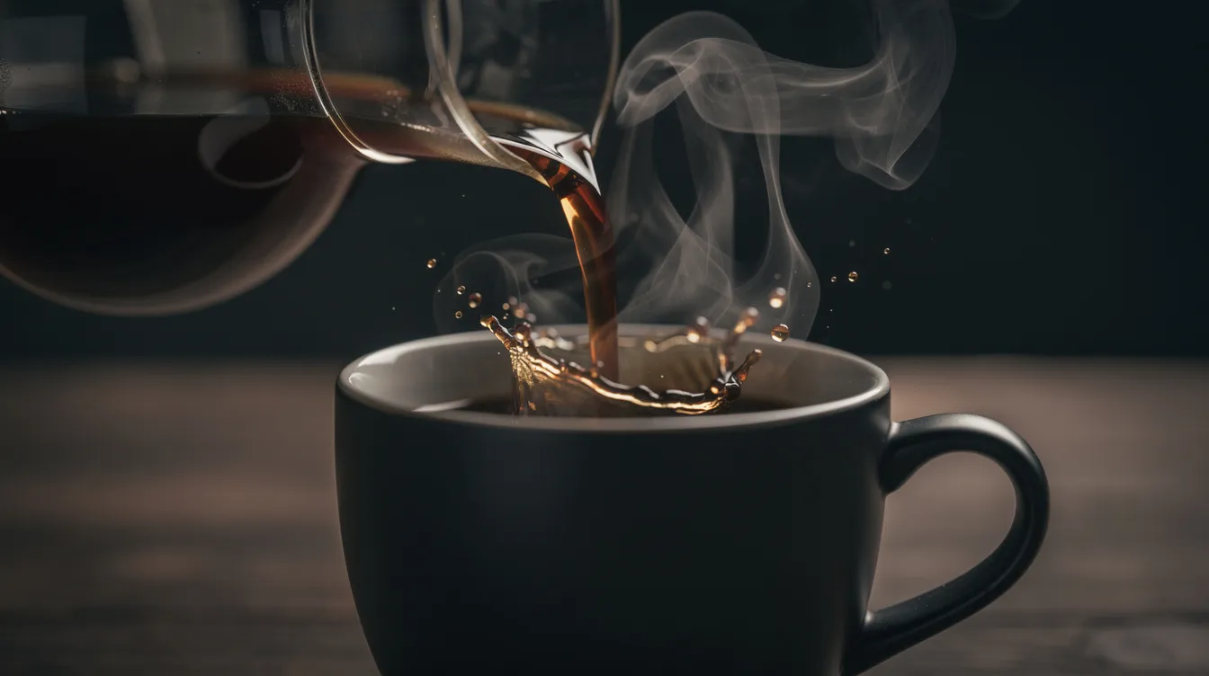 A close-up view captures dark coffee being poured from a glass carafe into a dark ceramic mug, with steam rising, suggesting a rich and aromatic experience. This scene evokes the essence of freshly roasted coffee, perfect for daily drinkers who appreciate a strong cup with a velvety body.