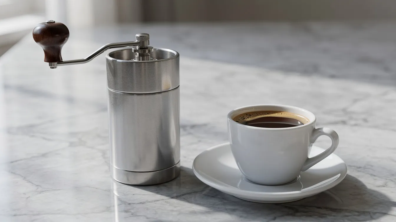 A compact metal hand coffee grinder is placed next to a small white espresso cup on a smooth marble surface, showcasing its sleek design ideal for coffee lovers seeking a budget coffee grinder. This manual grinder is perfect for grinding coffee beans to achieve a consistent grind size for various brewing methods, including espresso.