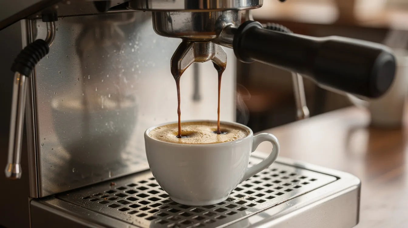 An espresso machine is expertly pulling a shot of rich decaf espresso into a small white ceramic cup, showcasing a layer of velvety crema on top. This scene highlights the beauty of brewing high-quality decaf coffee, perfect for coffee drinkers seeking a flavorful experience.