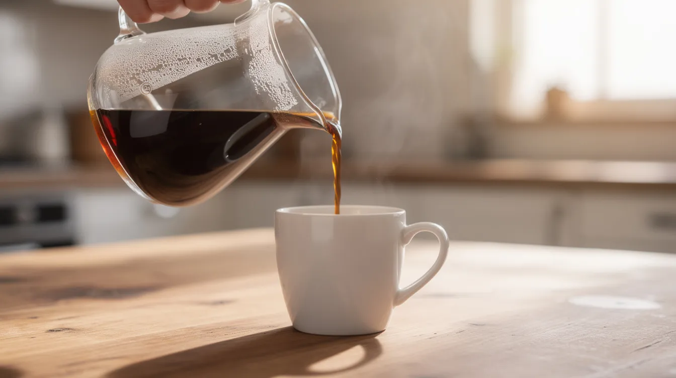 A hand is gently pouring freshly brewed coffee from a glass carafe into a white ceramic mug, resting on a wooden table. The scene captures the warmth of the moment, highlighting the rich aroma and flavor of the coffee, perfect for any coffee snob who appreciates a good brew.