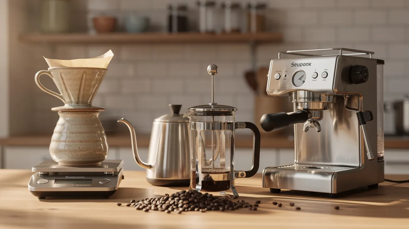 The image features a variety of coffee brewing equipment, including a pour-over dripper, French press, and espresso machine, all neatly arranged on a kitchen counter, showcasing the essential tools for coffee enthusiasts to explore different brewing methods and coffee varieties. This setup highlights the importance of coffee beans, such as arabica and robusta, in creating diverse flavor profiles for coffee lovers.