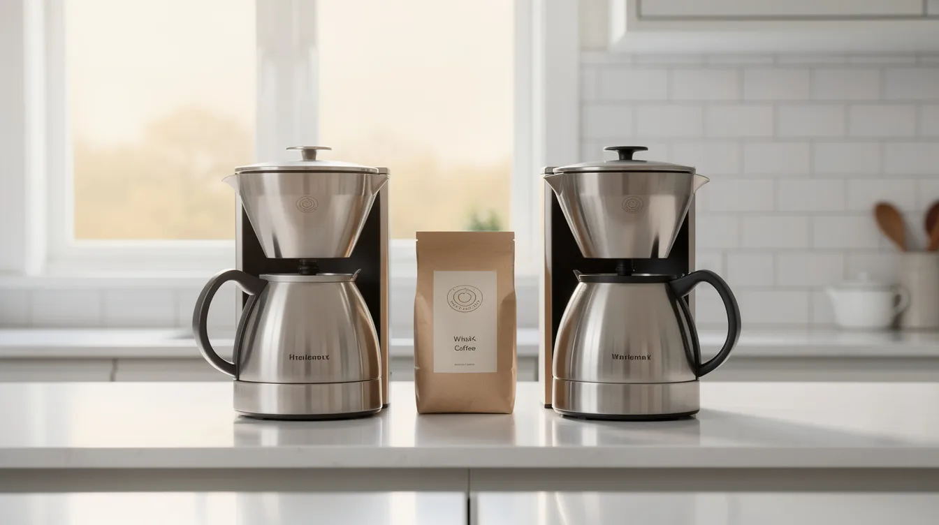 The image features two premium drip coffee makers, the OXO Brew 9 Cup and another model, displayed side by side on a sleek modern kitchen counter, with a bag of whole bean coffee nearby. This setup highlights the brewing process for coffee lovers, showcasing the machines' potential for creating delicious coffee.