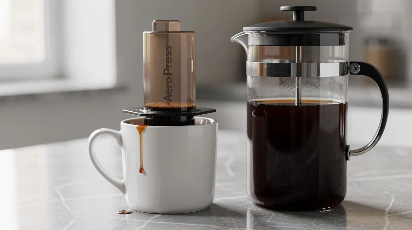 A close-up image shows an AeroPress being pressed down over a ceramic mug, with a glass French press filled with dark coffee nearby, all set on a sleek marble countertop. This scene captures the essence of manual coffee brewing, highlighting the brewing process and the tools favored by coffee enthusiasts.