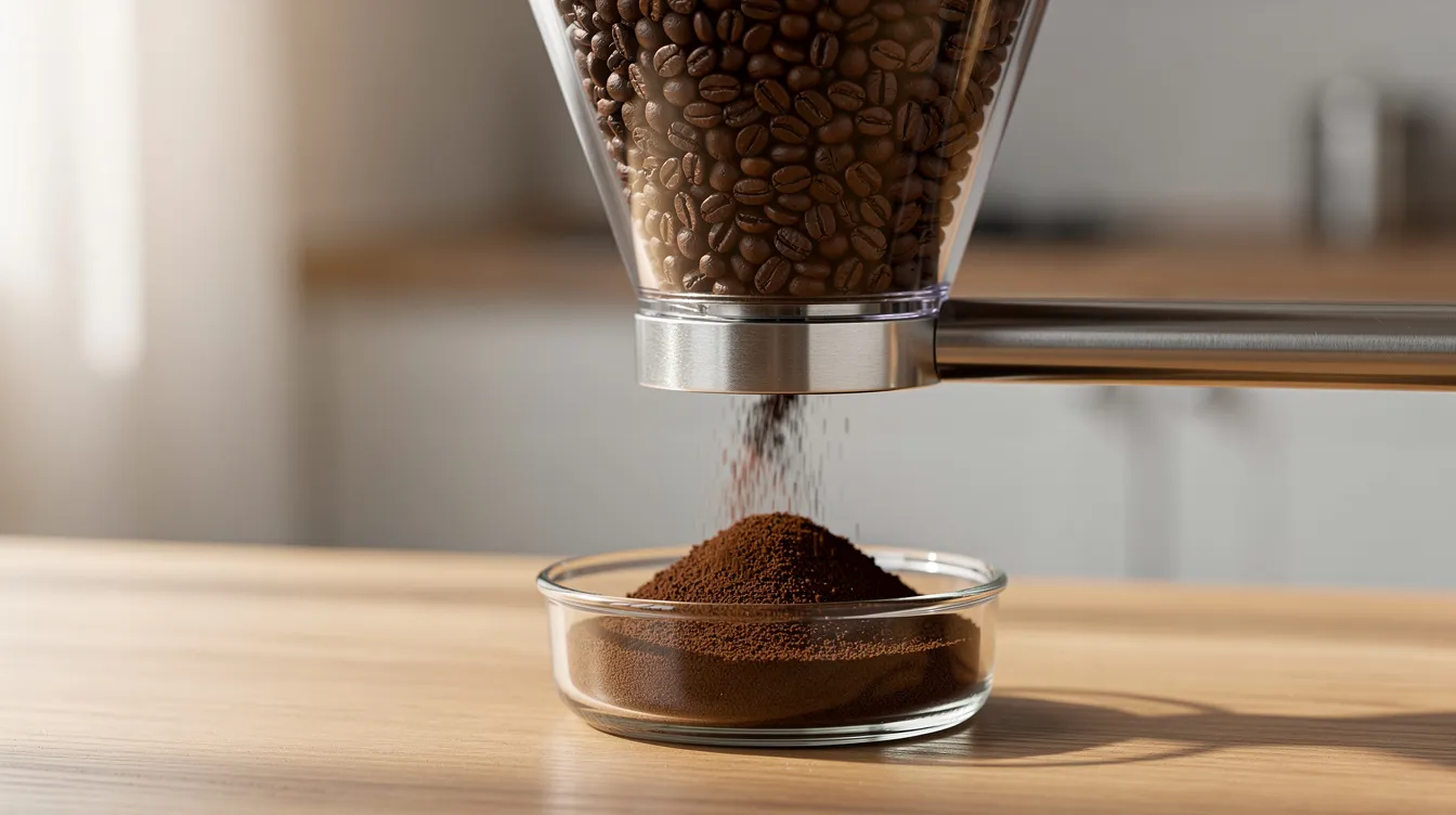 The image shows whole coffee beans being ground in a conical burr grinder, producing fine espresso-grade grounds that collect below. This scene highlights the essential brewing process for creating delicious espresso shots, showcasing the importance of a good coffee grinder in any coffee equipment setup.