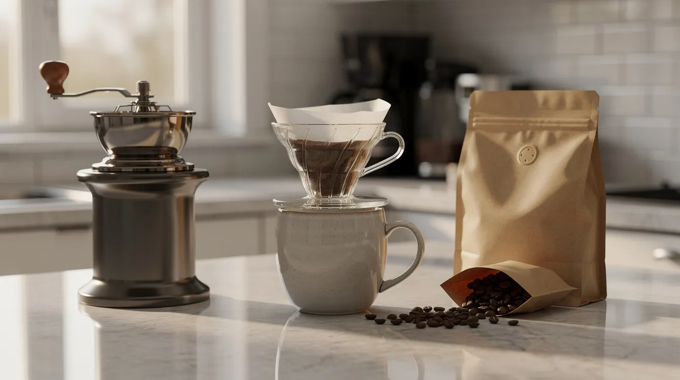 The image shows a kitchen counter featuring a coffee grinder, specifically a burr grinder, positioned next to a pour-over dripper and a bag of whole bean coffee. This setup is ideal for coffee drinkers who appreciate the fresh taste of ground coffee made from high-quality beans.