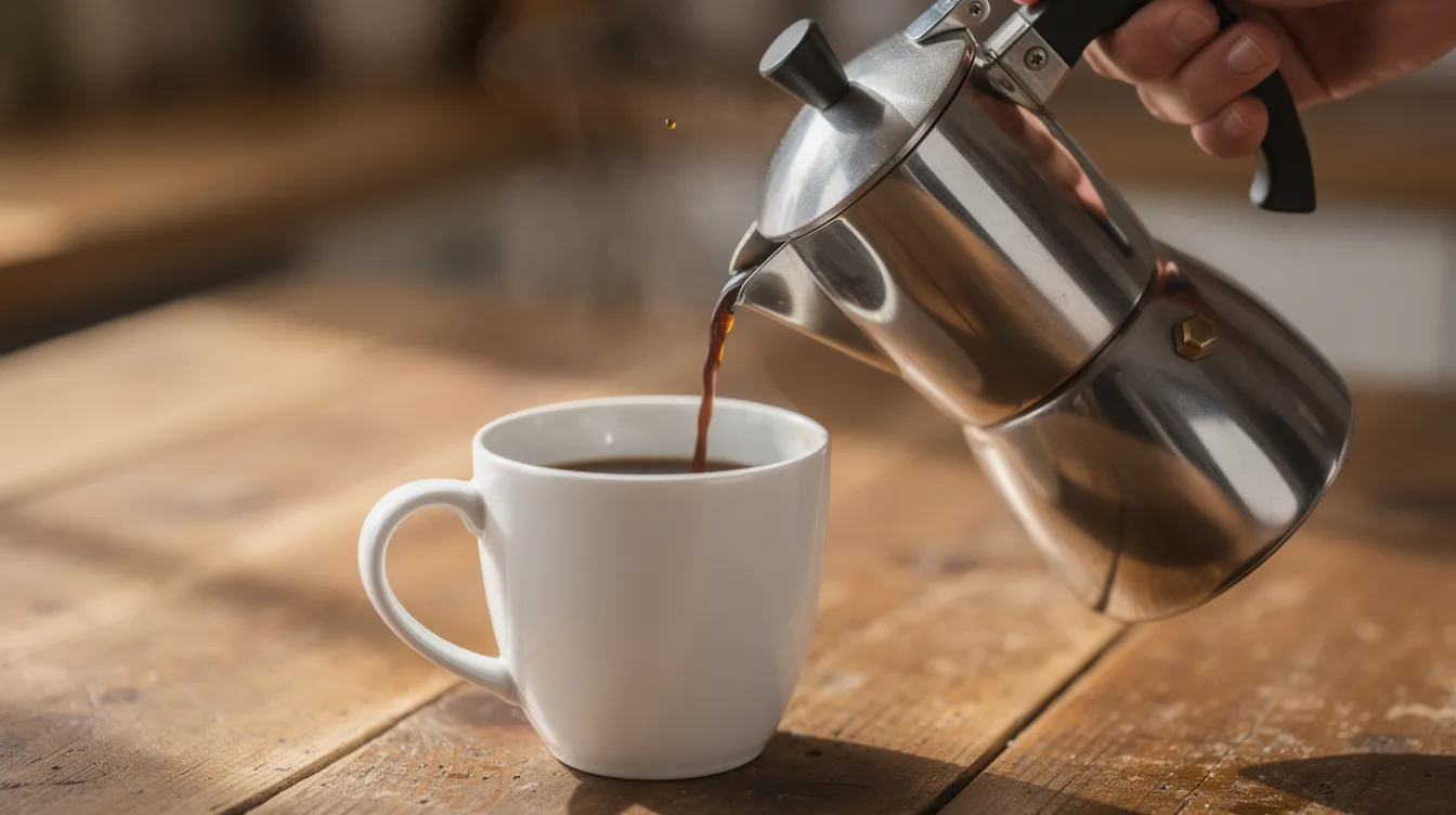 A hand is pouring rich, dark coffee from a shiny stainless steel coffee percolator into a white ceramic mug, placed on a rustic wooden table. The brewing process showcases the elegance of the percolator, perfect for coffee drinkers seeking a great cup of coffee.