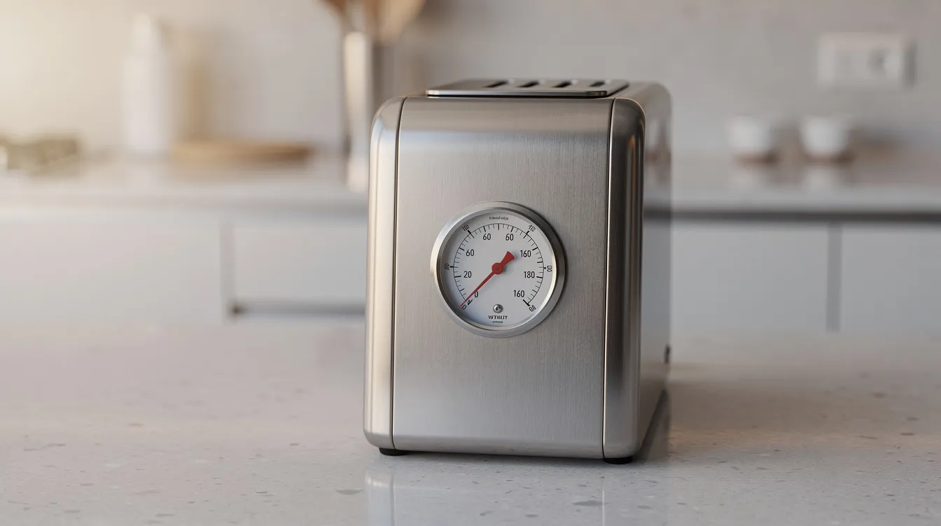 A close-up image shows a brushed stainless steel espresso machine with a pressure gauge prominently displayed on a sleek modern kitchen counter. This home espresso machine, likely a Breville Barista Express, features a steam wand and integrated grinder, making it ideal for brewing quality espresso and steaming milk for delicious coffee drinks.
