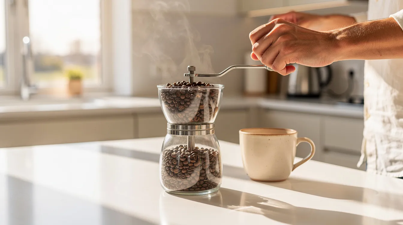 A person is using a hand burr grinder to grind whole bean coffee in a bright kitchen, surrounded by light. The freshly ground beans will enhance their brewing process, offering a flavorful coffee experience.