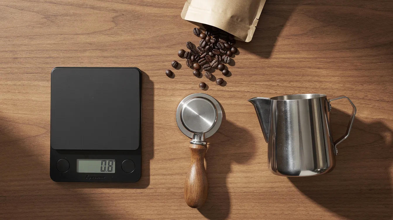 The image features a flat lay of various espresso accessories on a wooden surface, including a tamper, a scale, a milk pitcher, and a bag of coffee beans, all essential for brewing delicious espresso at home. This arrangement showcases the tools needed for achieving the perfect espresso shot and creating milk drinks like lattes.
