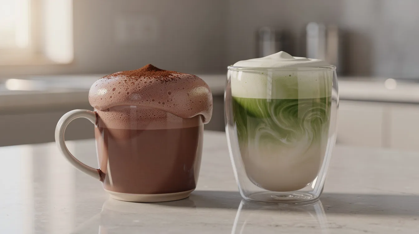 The image features a kitchen counter with a cup of hot chocolate topped with thick, velvety foam, alongside a matcha latte served in a clear glass, showcasing the creamy texture and vibrant green color. This inviting scene highlights the art of frothing milk, perfect for creating Instagram-worthy drinks.