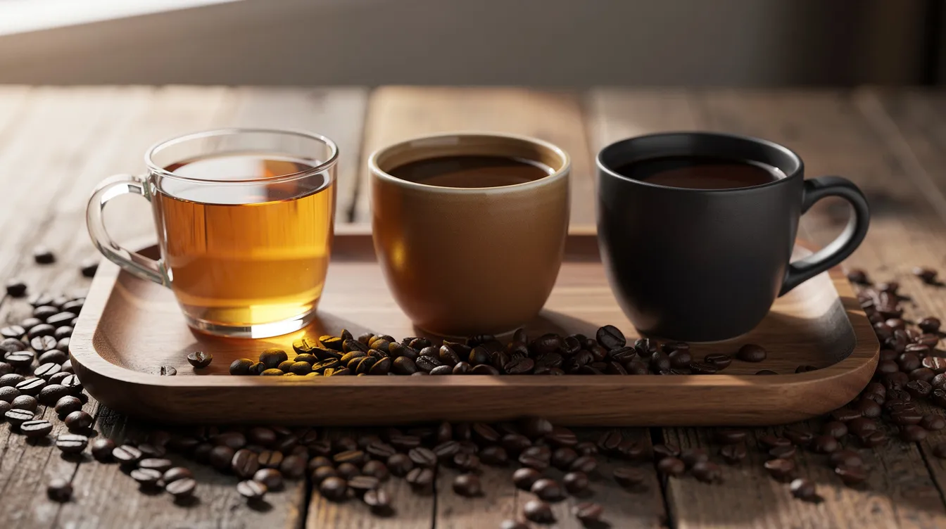 The image features a wooden tray with three cups of brewed coffee, showcasing a gradient from a golden light roast to a deep dark brown dark roast coffee, surrounded by scattered whole coffee beans. Each cup represents a different roast level, highlighting the flavor variations and complexities found in light, medium, and dark roasts.