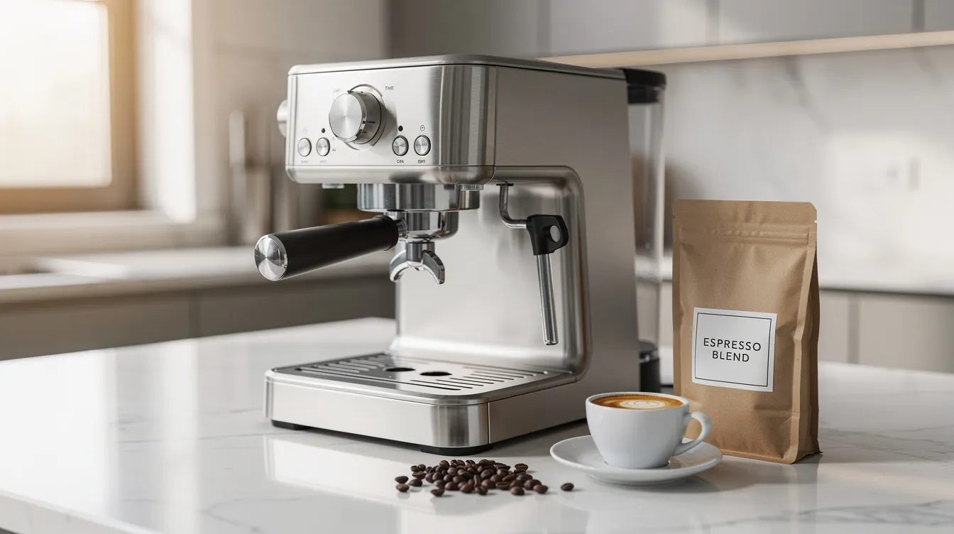 A sleek modern home espresso machine is positioned on a spotless kitchen counter, accompanied by a ceramic espresso cup and a small bag of whole coffee beans, suggesting a perfect setup for brewing delicious espresso shots. The scene highlights the appeal of espresso drinkers who appreciate quality coffee equipment in their daily routine.