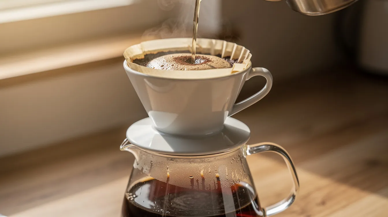 A ceramic pour-over dripper is positioned atop a glass carafe, with hot water being poured in a circular motion over coffee grounds, illustrating the coffee brewing process. This method allows coffee enthusiasts to explore various coffee roast levels, from light roast to dark roast, enhancing the flavor profiles of the brewed coffee.