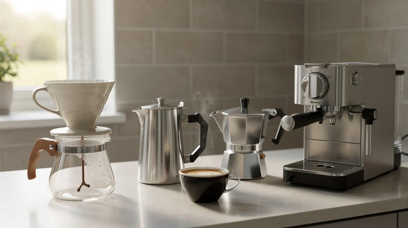 The image showcases a variety of coffee brewing equipment, including a pour-over dripper, French press, moka pot, and espresso machine, all neatly arranged on a kitchen countertop. This collection highlights the tools that coffee lovers and industry professionals use to create the best coffee drinks, emphasizing personal preference and the rich flavors that can be achieved through different brewing methods.