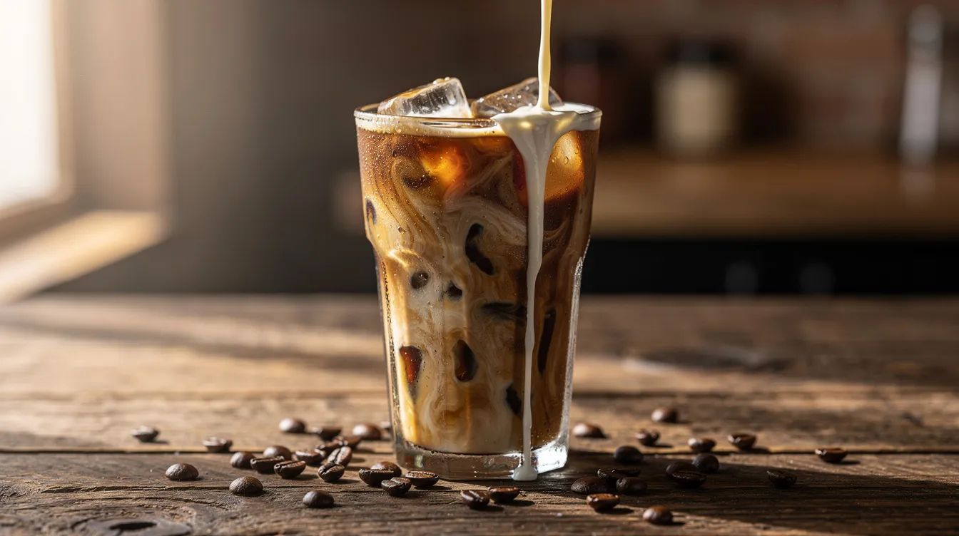 A tall glass of iced coffee is shown with swirling oat milk being poured in, creating a beautiful marbled effect. The glass is placed on a wooden countertop, surrounded by scattered whole coffee beans, emphasizing the rich flavors of this smooth cold brew coffee.
