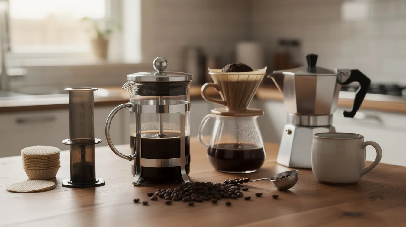 The image showcases various coffee brewing equipment including a French press, pour-over dripper, AeroPress, and moka pot, all neatly arranged on a wooden kitchen counter, inviting enthusiasts to explore different brewing methods for delicious, cafe quality coffee at home. Each piece highlights the importance of grind size and pouring technique in the coffee brewing process.