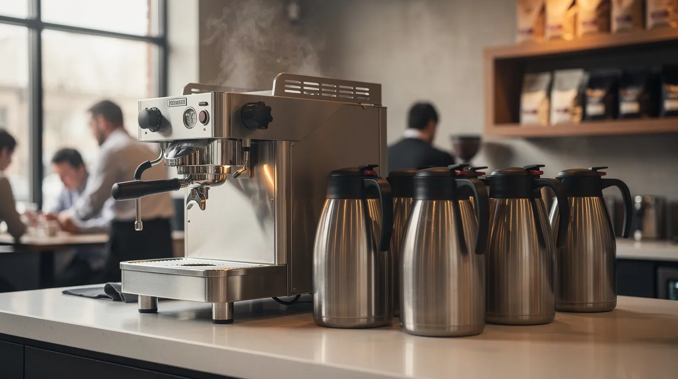 The image shows a sleek stainless steel commercial coffee brewer positioned on a busy cafe counter, accompanied by thermal servers ready for quick service during the morning rush. This setup highlights the efficiency and essential features of coffee makers that hospitality businesses rely on to meet customer demand.