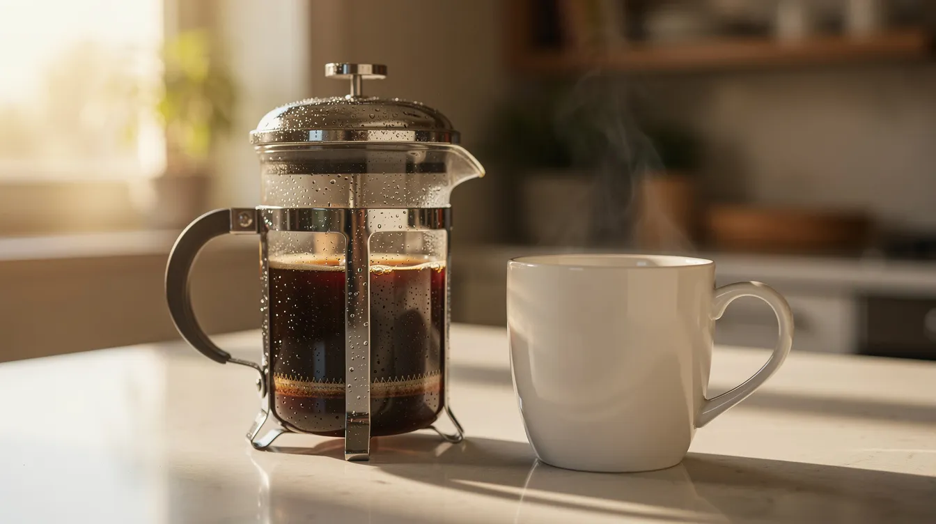 A French press filled with freshly brewed organic coffee sits next to a ceramic mug on a kitchen counter, illuminated by soft morning light. The scene evokes a cozy atmosphere, perfect for enjoying a cup of specialty coffee made from the best organic coffee beans.