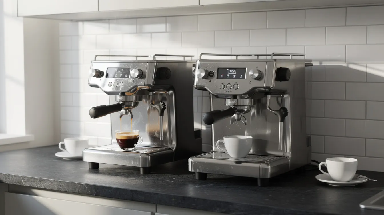The image shows two sleek stainless steel espresso machines, the Breville Barista Express and Barista Pro, positioned side by side on a modern kitchen countertop adorned with a white tile backsplash. Each machine features a digital display, steam wand, and integrated grinder, emphasizing their role in brewing espresso and creating latte art at home.