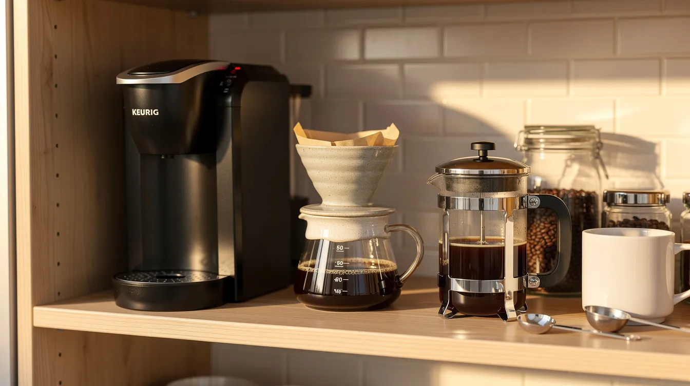 The image showcases a well-organized kitchen shelf featuring a Keurig machine, a pour-over dripper, and a French press, all essential tools for coffee lovers seeking the perfect cup. This arrangement highlights various brewing methods that cater to different preferences, from dark roast K cups to flavorful coffee grounds.