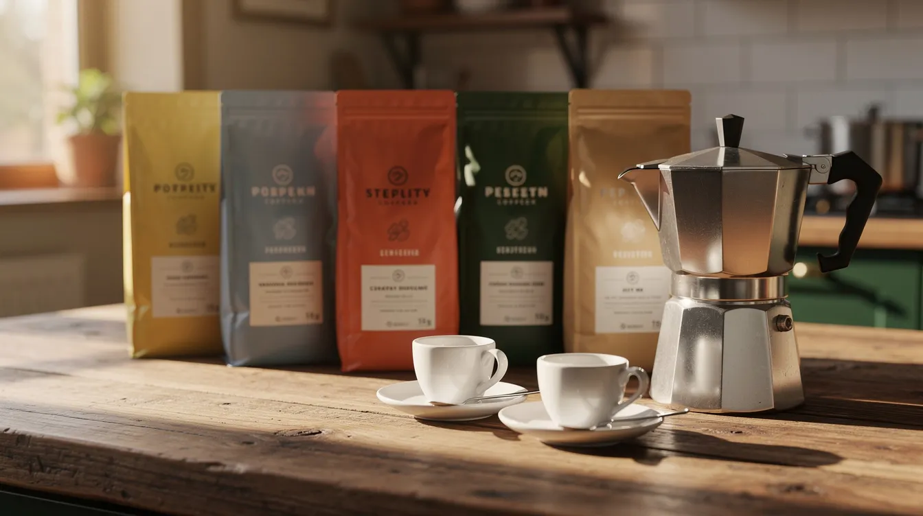 The image features various bags of coffee beans, including dark roast and espresso blends, neatly arranged on a wooden kitchen counter beside a moka pot and ceramic espresso cups, suggesting a setup for brewing rich espresso drinks at home. The scene evokes the essence of specialty coffee with an emphasis on freshly roasted beans and the art of espresso brewing.
