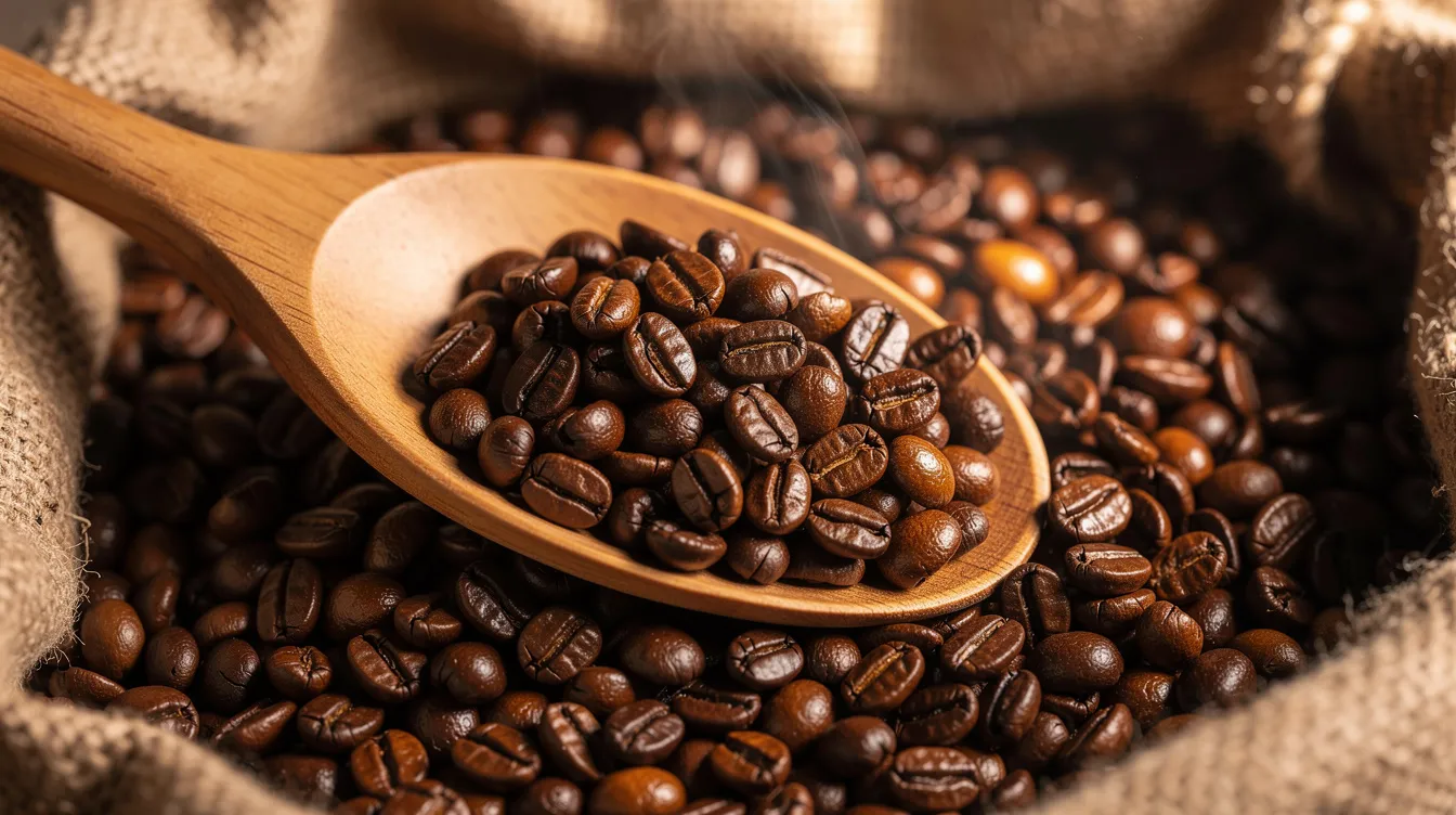 A close-up image shows freshly roasted coffee beans being scooped from a bag with a wooden spoon, highlighting the rich texture and deep brown color of the beans, perfect for coffee lovers and those seeking great coffee from local coffee shops or specialty coffee online.