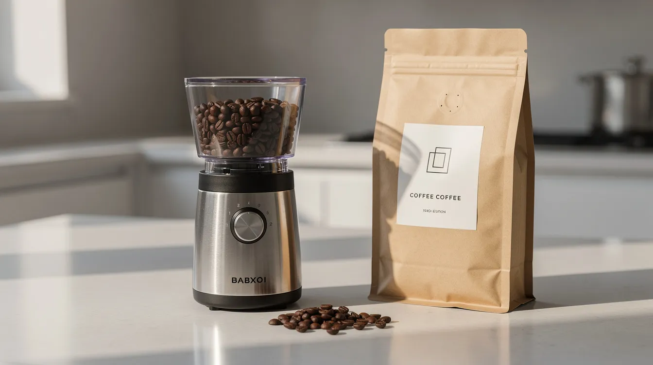 A compact burr coffee grinder is displayed on a kitchen counter beside a bag of whole bean coffee, emphasizing the importance of freshly ground coffee for achieving the best flavor in various brewing methods like pour over or French press. The setup showcases a coffee drinker's essential tools for creating a perfect cup of coffee.