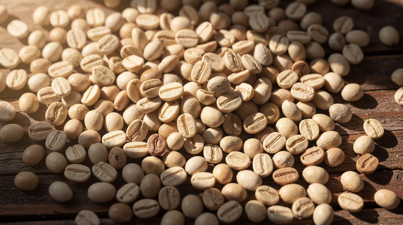 A close-up view of light-colored whole coffee beans scattered across a wooden surface, illuminated by natural sunlight, showcasing their freshly roasted appearance. These light roast coffee beans highlight the unique flavor profile and qualities of specialty coffee.