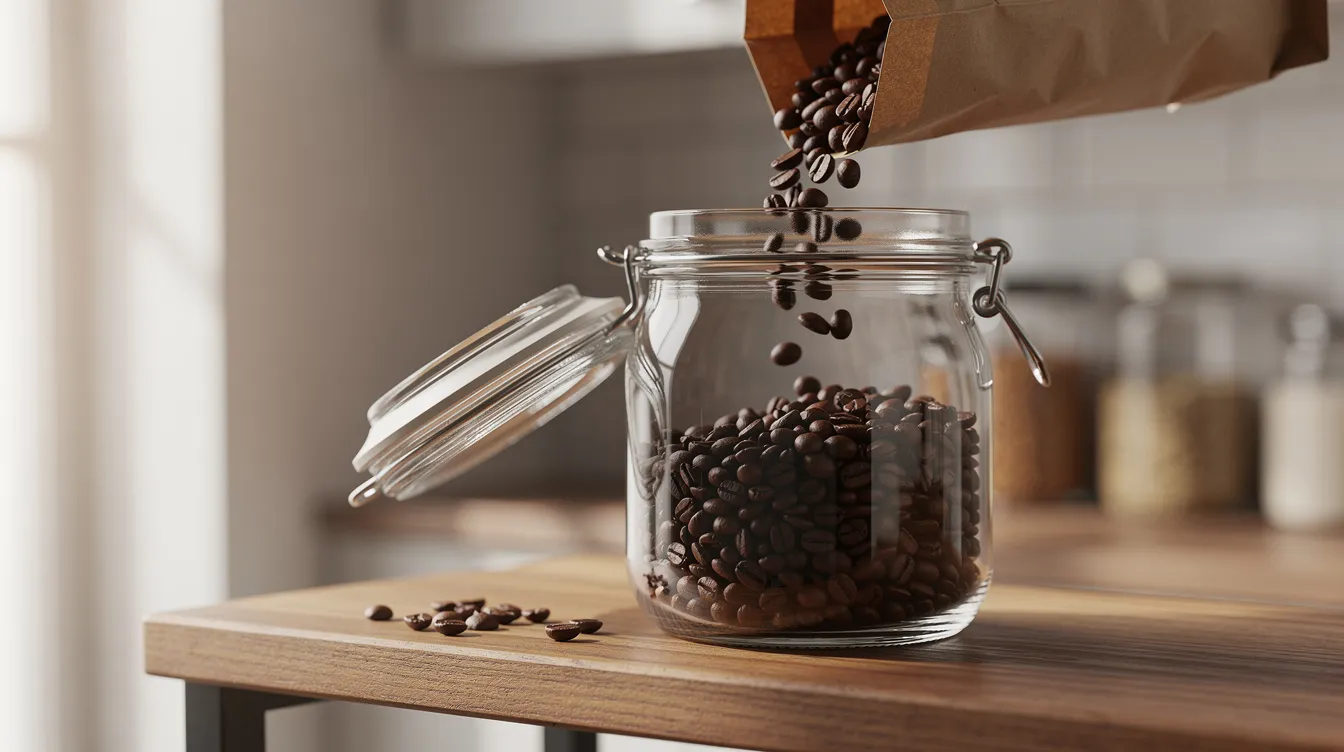 The image shows freshly roasted coffee beans being poured from a bag into an airtight glass canister on a kitchen shelf, highlighting the importance of storing whole bean coffee for optimal freshness. This scene appeals to coffee lovers who appreciate high-quality coffee and the nuances of flavor notes in their brews.