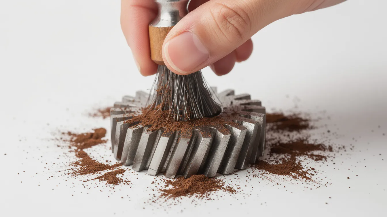 A hand is holding a small cleaning brush, meticulously sweeping coffee grounds from the steel burrs of a burr grinder. This process is essential for maintaining the grind quality and consistency of coffee beans, ensuring a delicious cup for coffee lovers.