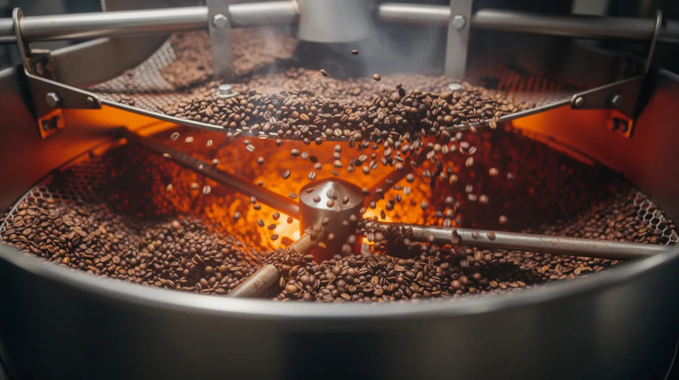 The image shows coffee beans tumbling inside a rotating drum roaster, illuminated by a visible heat glow, capturing the essence of fresh roasting as the beans develop their rich flavors. This scene is a testament to the art of crafting high-quality coffee, perfect for coffee lovers seeking the best flavored coffee experiences.