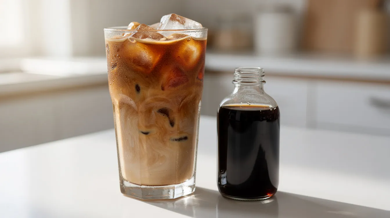 A tall glass of iced coffee filled with ice cubes sits on a bright kitchen counter, accompanied by a dark cold brew concentrate, perfect for coffee lovers seeking a refreshing beverage. The scene highlights the appeal of flavorful coffee drinks made with single serve coffee makers.