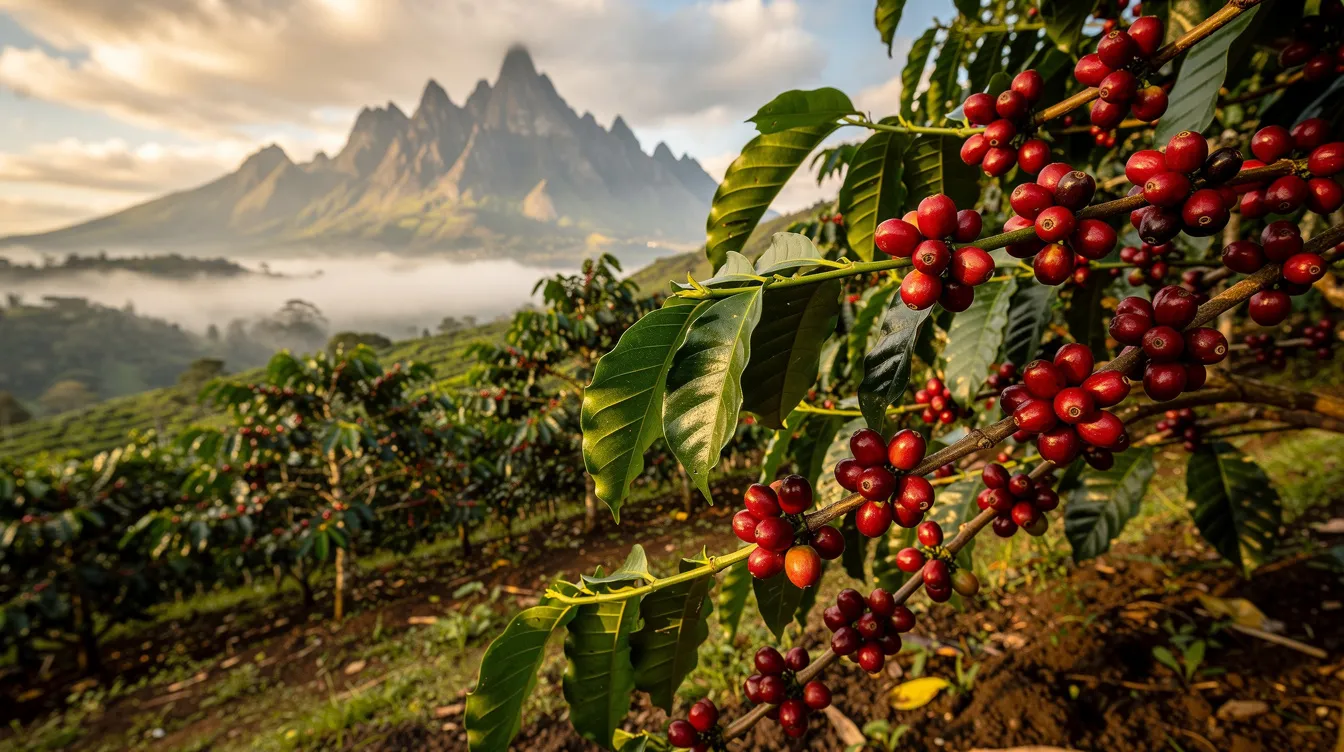 The image showcases ripe red coffee cherries clustered on branches in a lush highland plantation, with majestic volcanic mountains rising in the background. This vibrant scene highlights the rich growing conditions of Guatemalan coffee, known for its unique flavors and aromatic qualities.