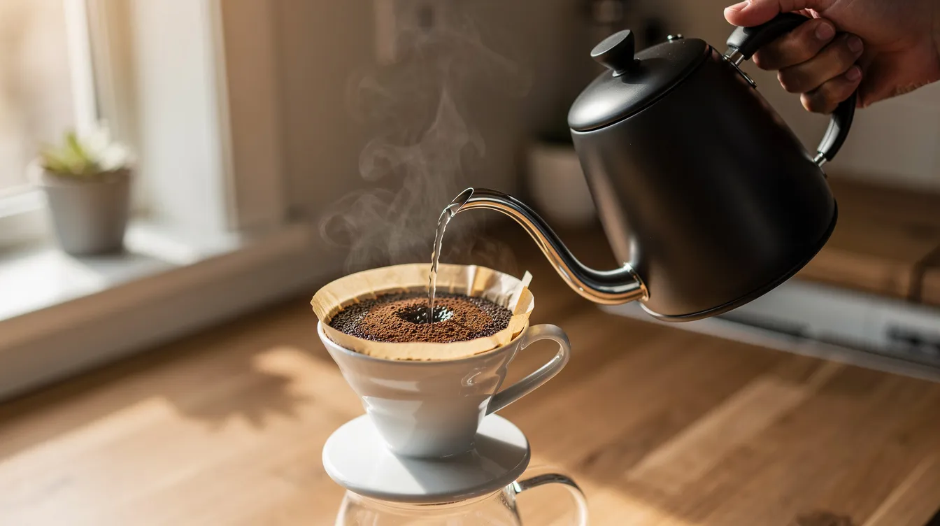 A person is pouring hot water from a gooseneck kettle into a cone-shaped coffee dripper, beginning the brewing process for a cup of specialty coffee. The scene captures the careful technique of making coffee, highlighting the use of a chemex filter to ensure even extraction and a balanced cup.