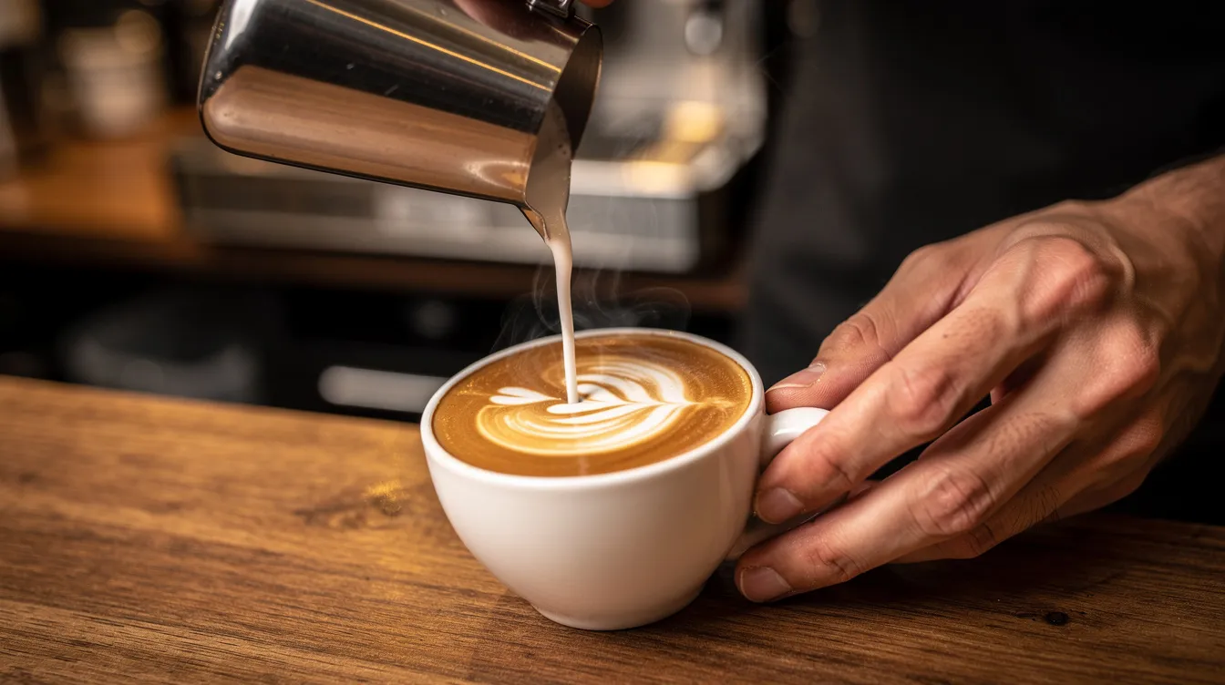 A person is skillfully pouring steamed milk into an espresso cup, creating intricate latte art. This scene captures the essence of brewing espresso drinks, showcasing the artistry involved in making quality milk-based beverages.
