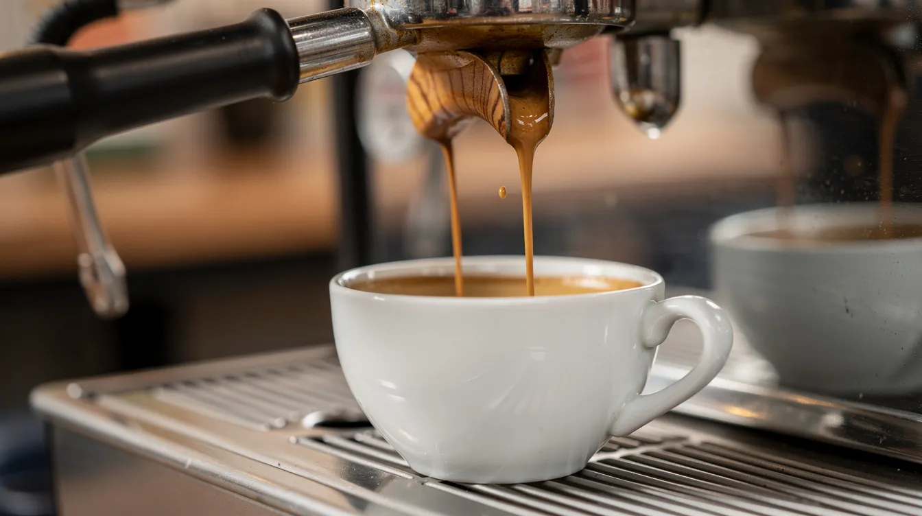 An espresso shot is being pulled through a bottomless portafilter into a ceramic cup, showcasing the rich, flavorful extraction of coffee. The image highlights the brewing process of espresso, emphasizing the importance of using quality coffee beans for a delicious cup.