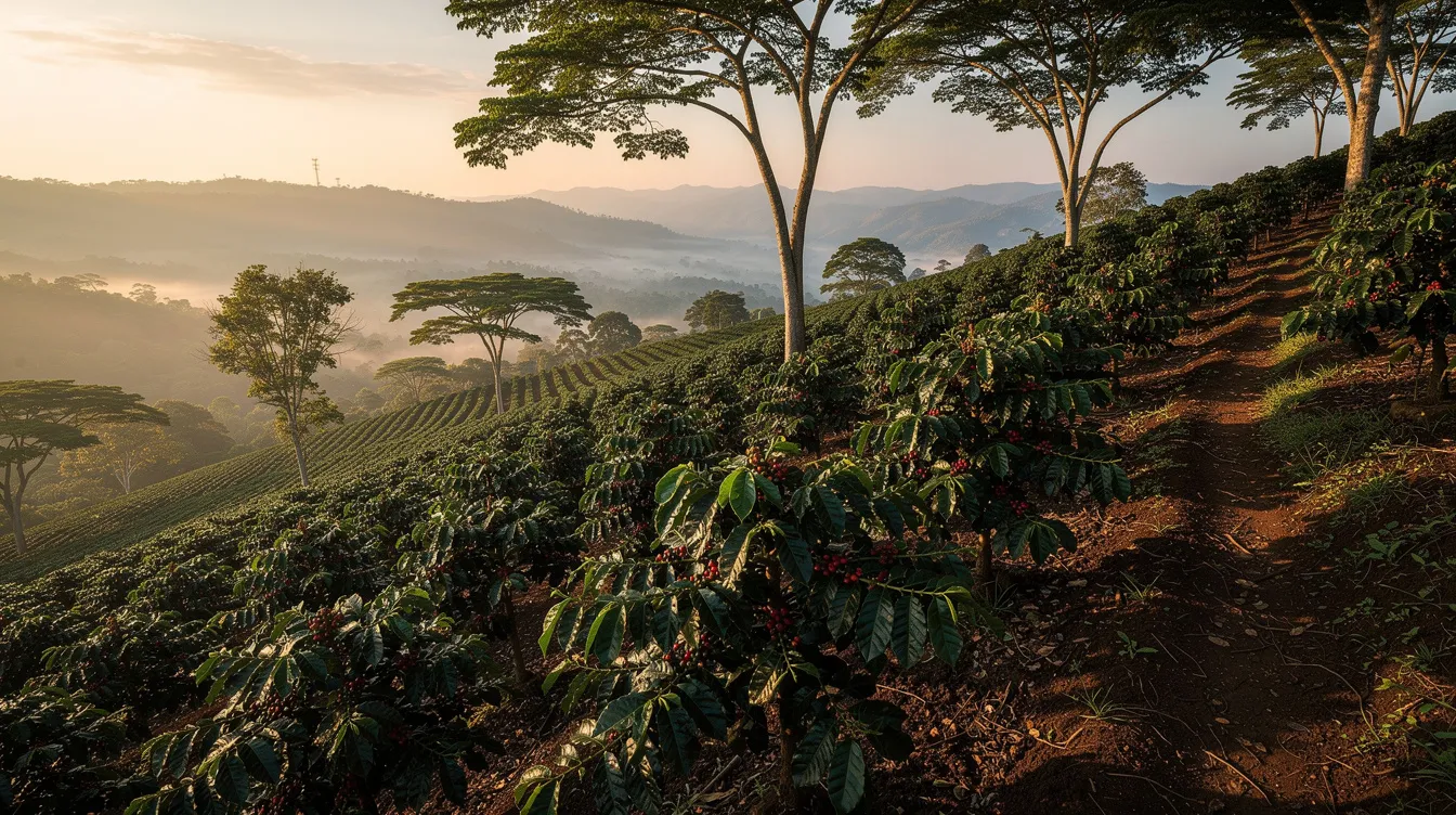 The image depicts a hillside coffee farm featuring rows of coffee plants thriving under the canopy of tall shade trees, illustrating sustainable farming practices that promote biodiversity and support the environment. This scene highlights the principles of shade grown coffee, emphasizing organic farming methods and fair trade practices that benefit both farmers and wildlife.