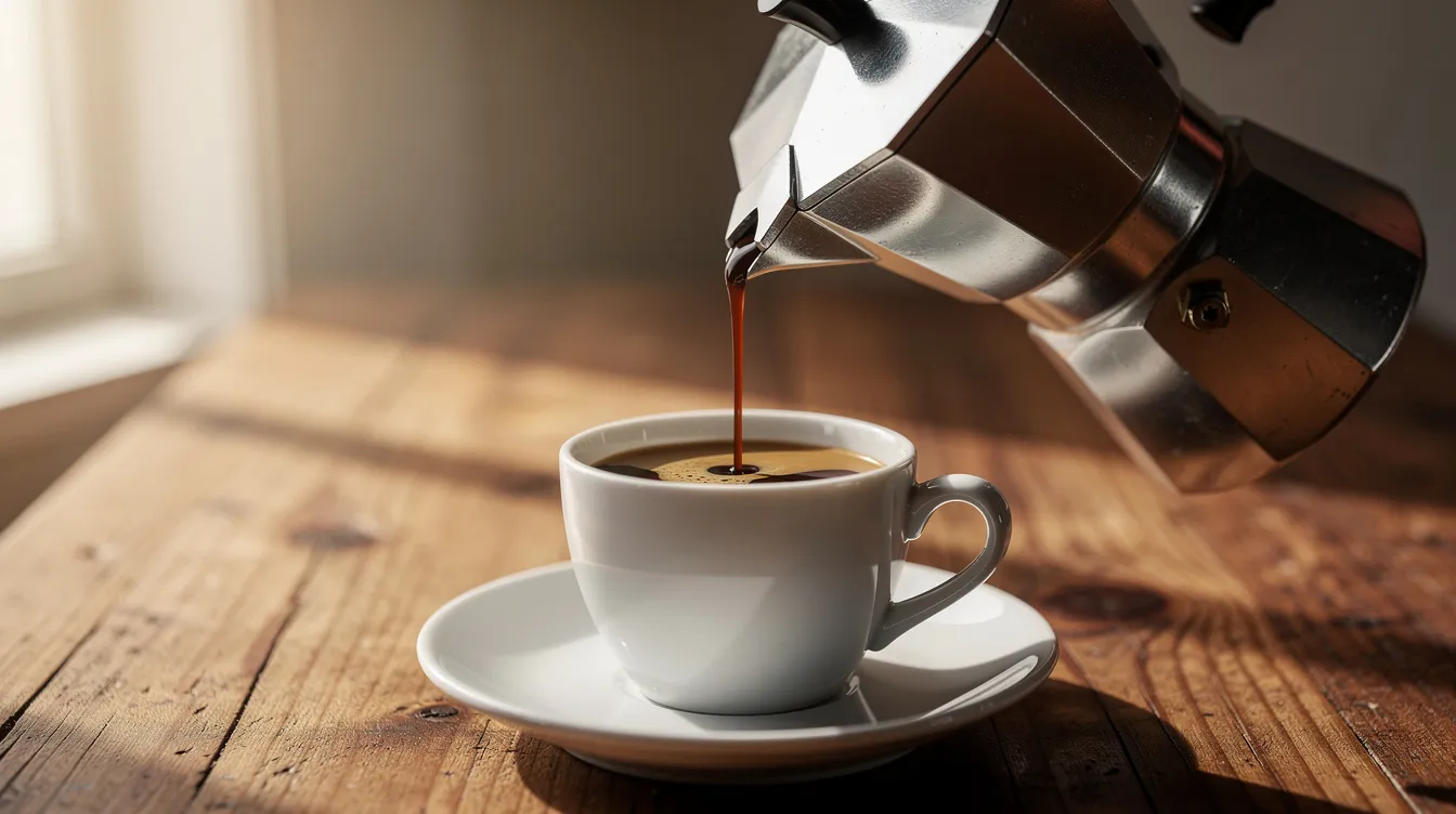 A moka pot is pouring dark concentrated coffee into a small white ceramic cup, resting on a rustic wooden table. The rich aroma of freshly brewed moka pot coffee fills the air, highlighting the deep flavors of dark roast coffee.