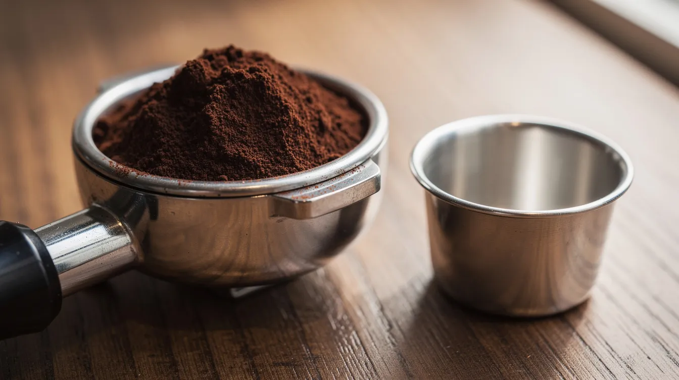 An espresso portafilter filled with finely ground coffee sits next to a small dosing cup on a wooden surface, showcasing the grind quality essential for espresso brewing. This setup highlights the importance of grind size and precision in achieving great coffee, particularly for espresso machines like the Baratza Encore or Encore ESP.