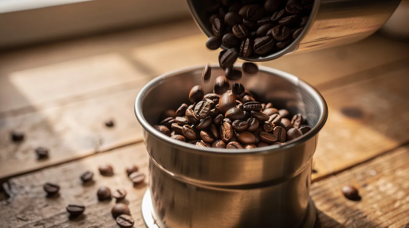A close-up image shows roasted coffee beans being poured into a small metal hopper of a coffee grinder, set against a wooden countertop. This scene highlights the essential step of grinding coffee beans for brewing, showcasing the importance of a quality burr grinder for achieving grind consistency and enhancing flavor clarity in coffee.