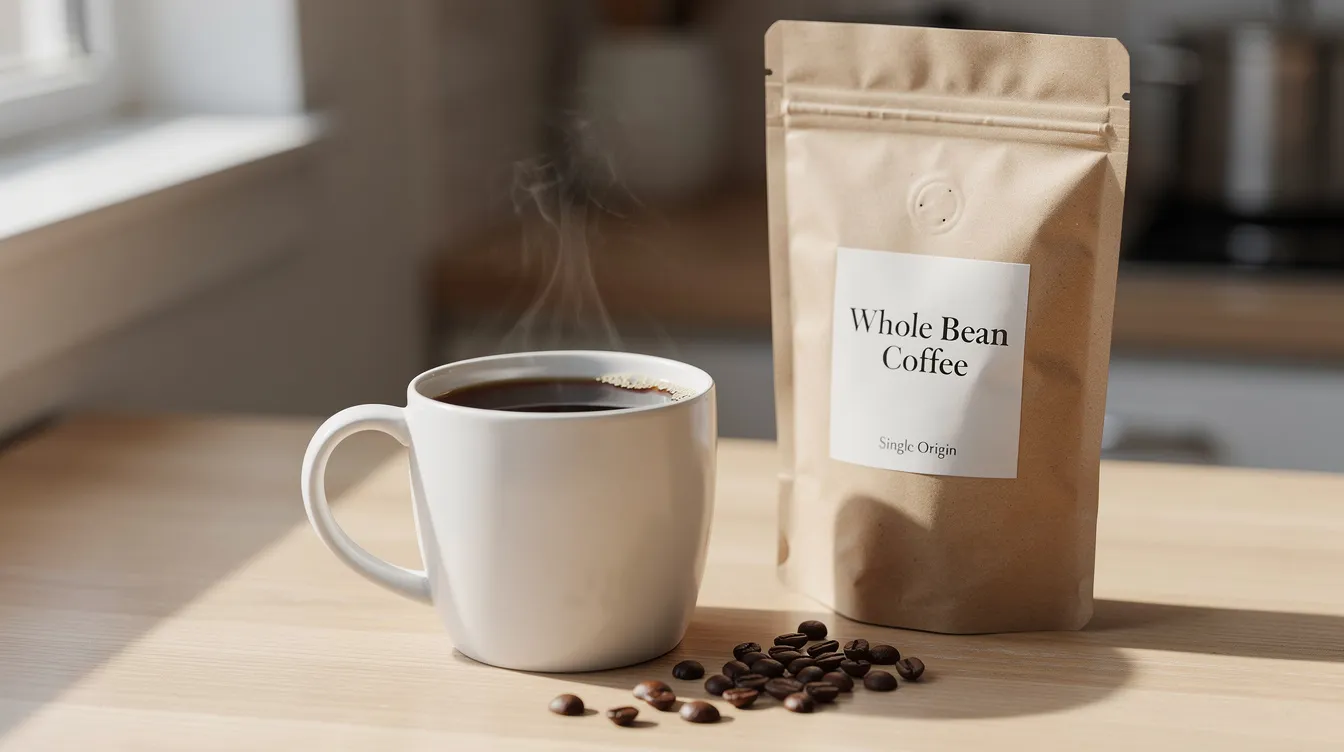A ceramic mug filled with drip coffee sits on a kitchen counter next to a bag of whole bean coffee, showcasing the rich, dark roast and the enticing aroma of freshly roasted coffee beans. The scene captures the essence of morning coffee preparation, highlighting the best whole bean coffee for home brewing.