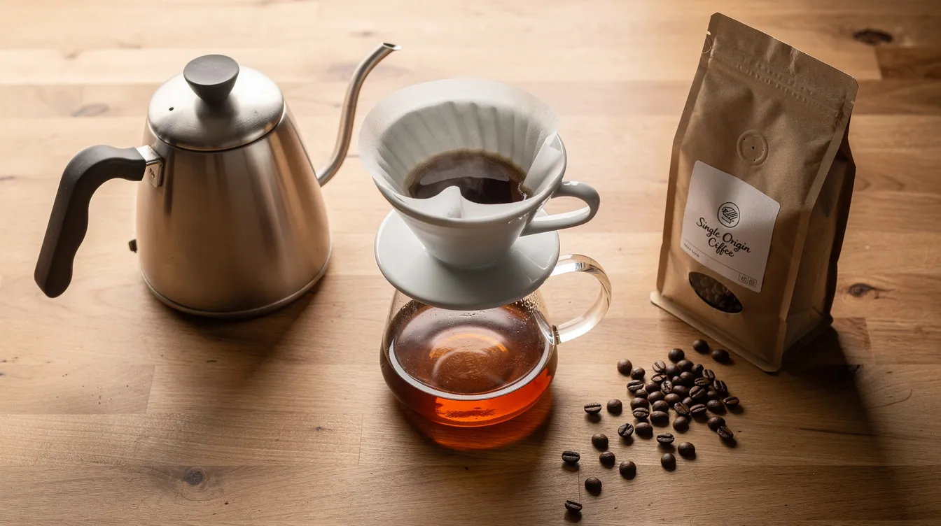 An overhead view captures a pour-over coffee setup on a wooden counter, featuring a ceramic dripper, a glass carafe, and a gooseneck kettle, alongside a bag of whole coffee beans. This scene represents the manual brewing process, highlighting the tools essential for making great coffee using the pour over technique.