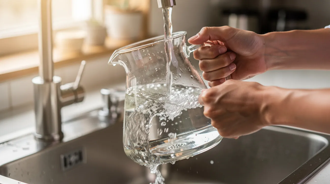 A person is rinsing a glass coffee carafe under running water in a kitchen sink, preparing it for the next brewing process. The carafe is likely used with a drip coffee maker, ensuring it is clean for making delicious coffee.