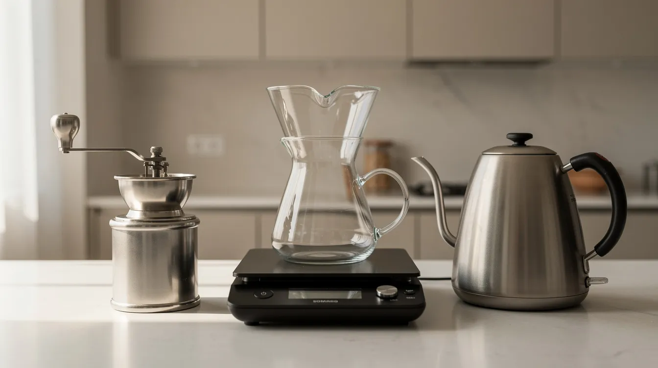 The image features a digital scale topped with a glass carafe, accompanied by a hand grinder and a gooseneck kettle, all arranged neatly on a kitchen counter. This setup is ideal for brewing pour over coffee, showcasing the essential tools for achieving a great cup with balanced flavors and consistent results.