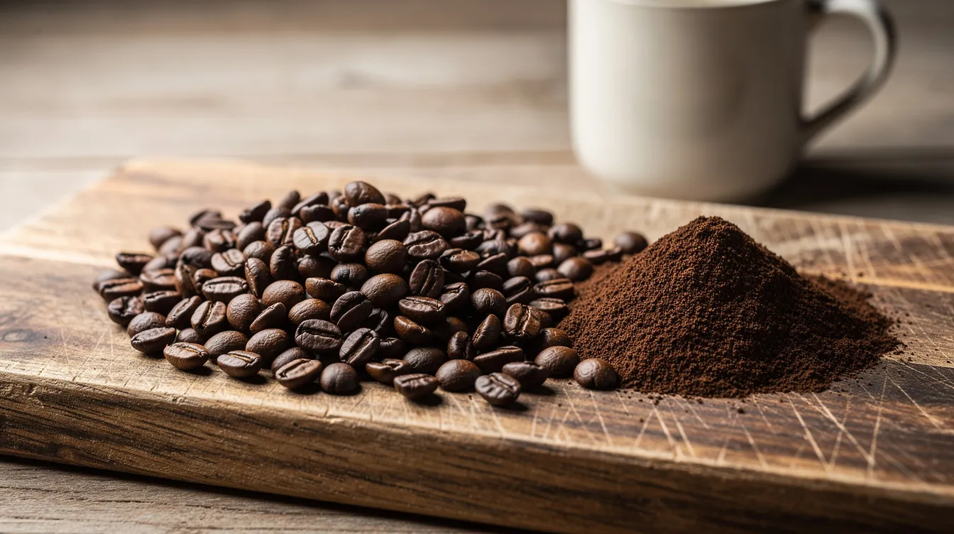The image features whole roasted coffee beans placed beside a small pile of freshly ground coffee on a wooden cutting board, with a ceramic mug in the background. This scene highlights the contrast between whole bean coffee and ground coffee, appealing to coffee lovers interested in the flavor and quality of their brew.